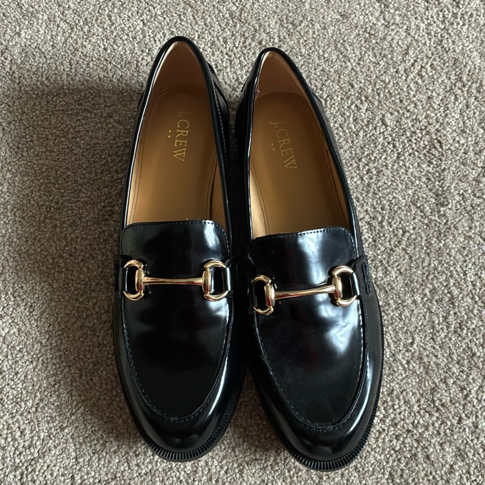 J Crew classic black patent loafer shoes. Like new!